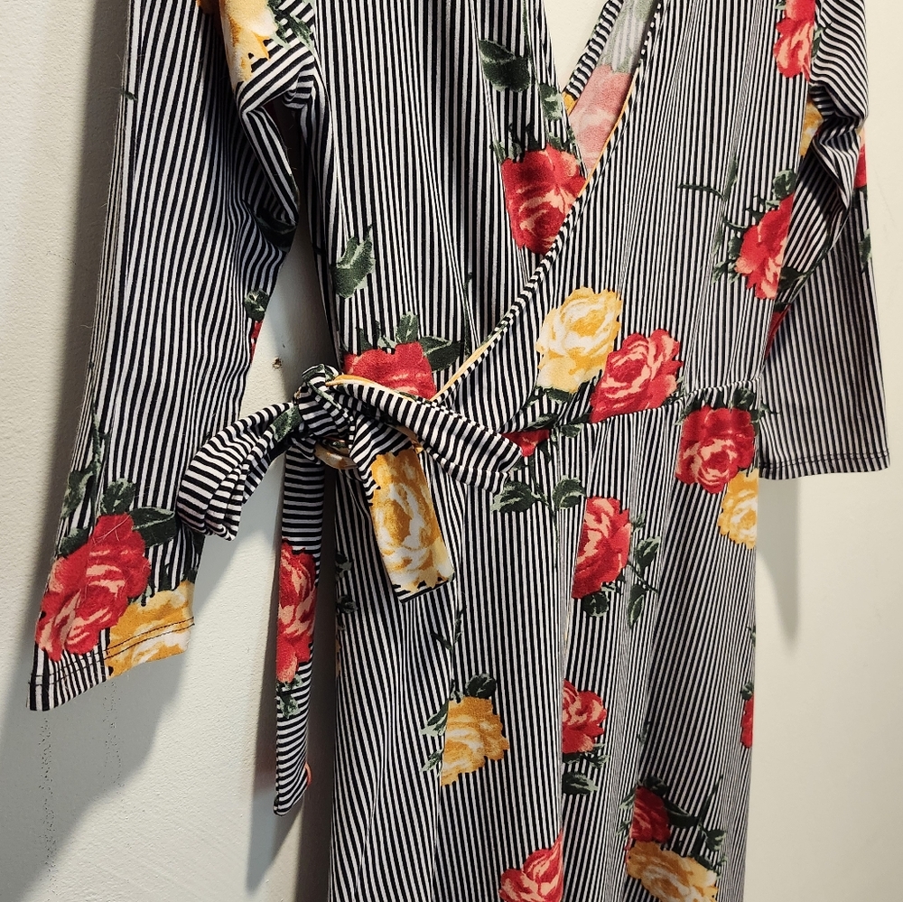 Eccentric Stripe Roses Mini Dress Size Medium No Boundaries Quarter Sleeve - Picture 2 of 7